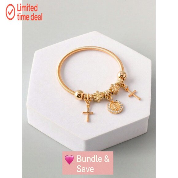 Gold-Tone Charm Bracelet with Cross Pendants and Crystal Medallion - Picture 1 of 2